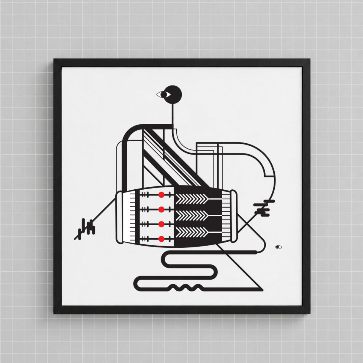 A framed minimalist art print featuring a black and white technical schematic of a speaker with small red accents, displayed on a light gray grid background.