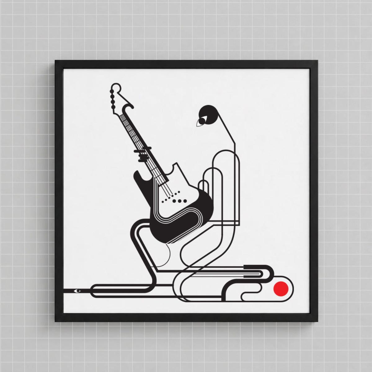 A framed minimalist art print featuring a black electric guitar and headphones on a white background, hung on a light gray grid-patterned wall.