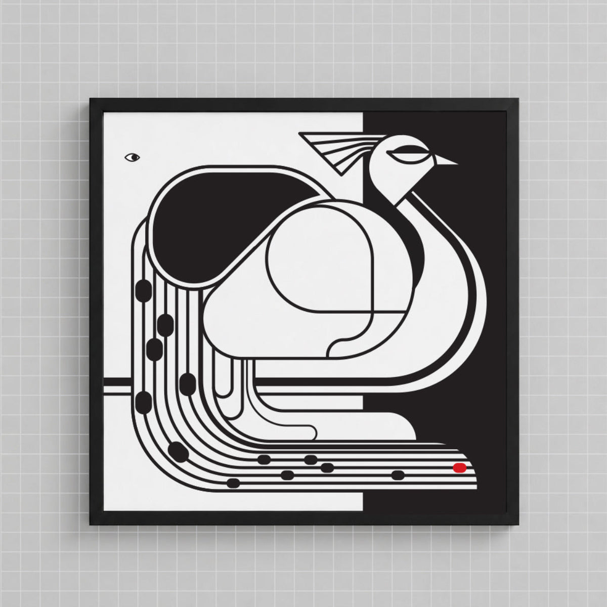 A framed abstract art print featuring a stylized black and white bird with a small red accent, mounted on a light gray grid-patterned wall.