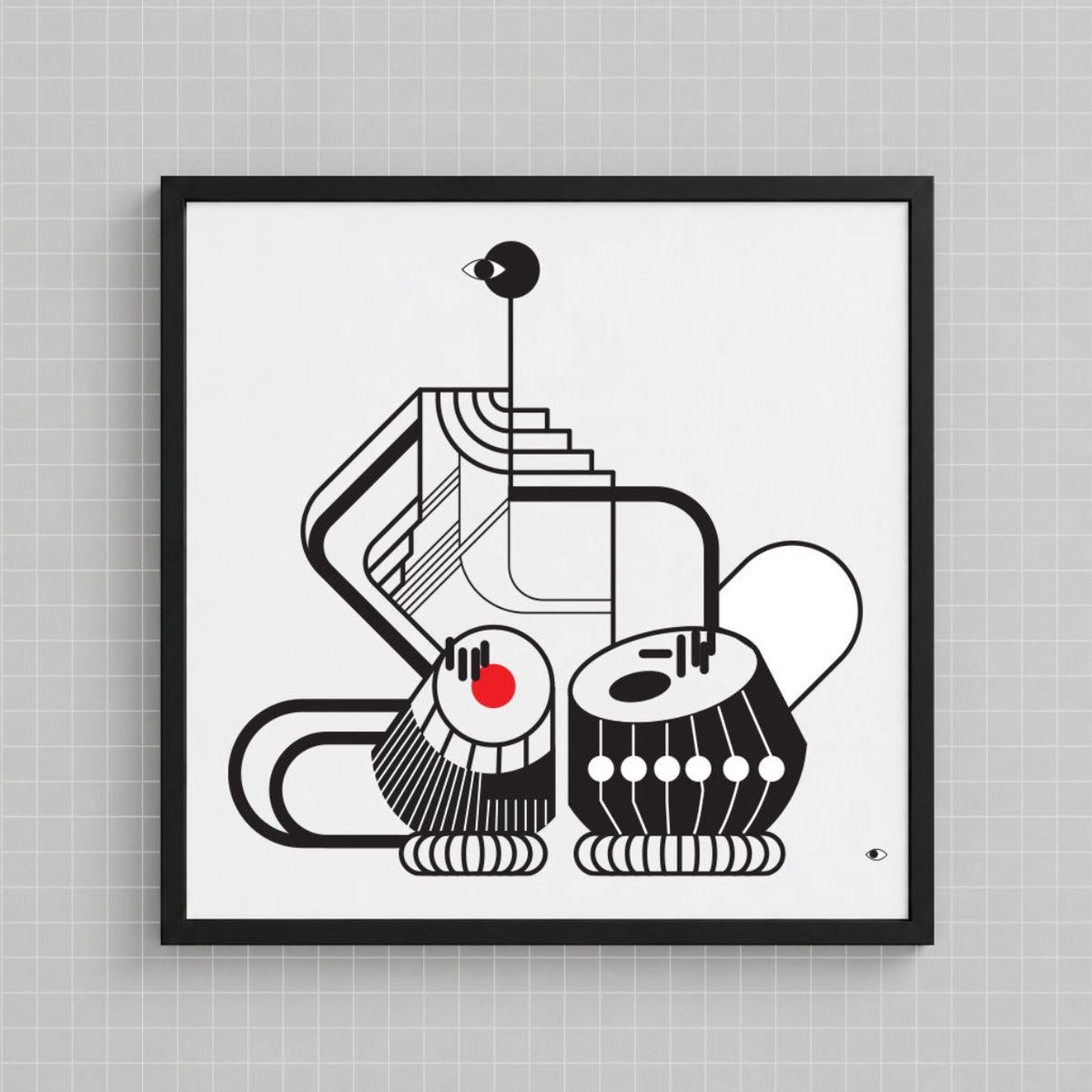 A framed abstract art print featuring black line art of geometric shapes and musical instruments on a white background, enclosed in a black frame and mounted on a light gray grid-patterned wall.